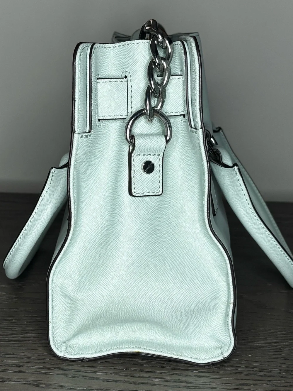 Michael Kors Hamilton Mint Green Saffiano Leather Satchel Tote Silver Lock Bag